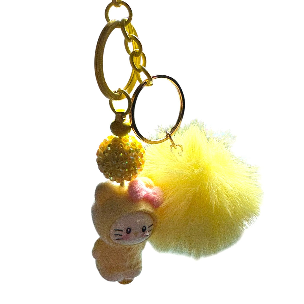 Labubu Yellow Pom Pom Keychain With Cute Cat Figurine & Rhinestone Bead Accent