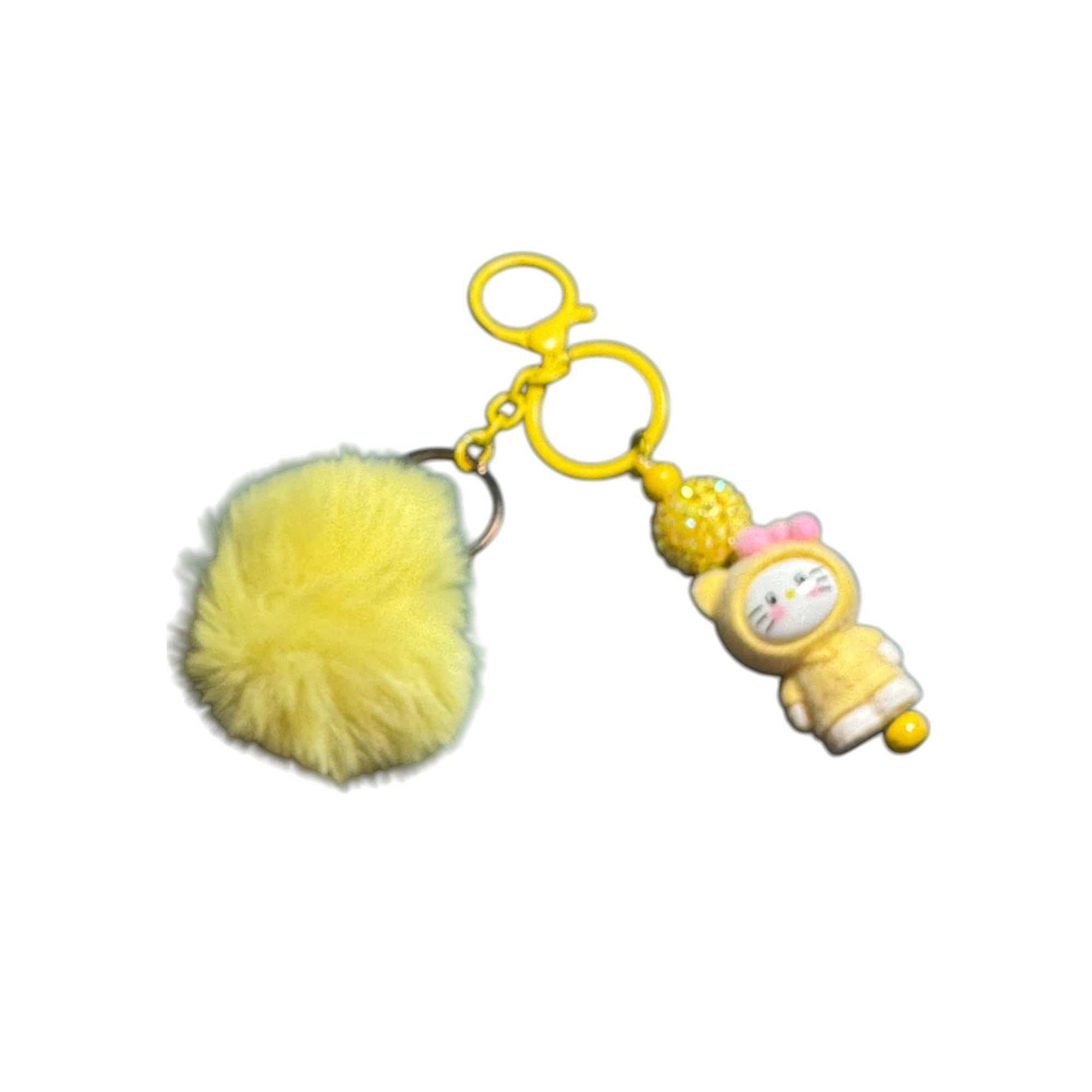 Labubu Yellow Pom Pom Keychain With Cute Cat Figurine & Rhinestone Bead Accent