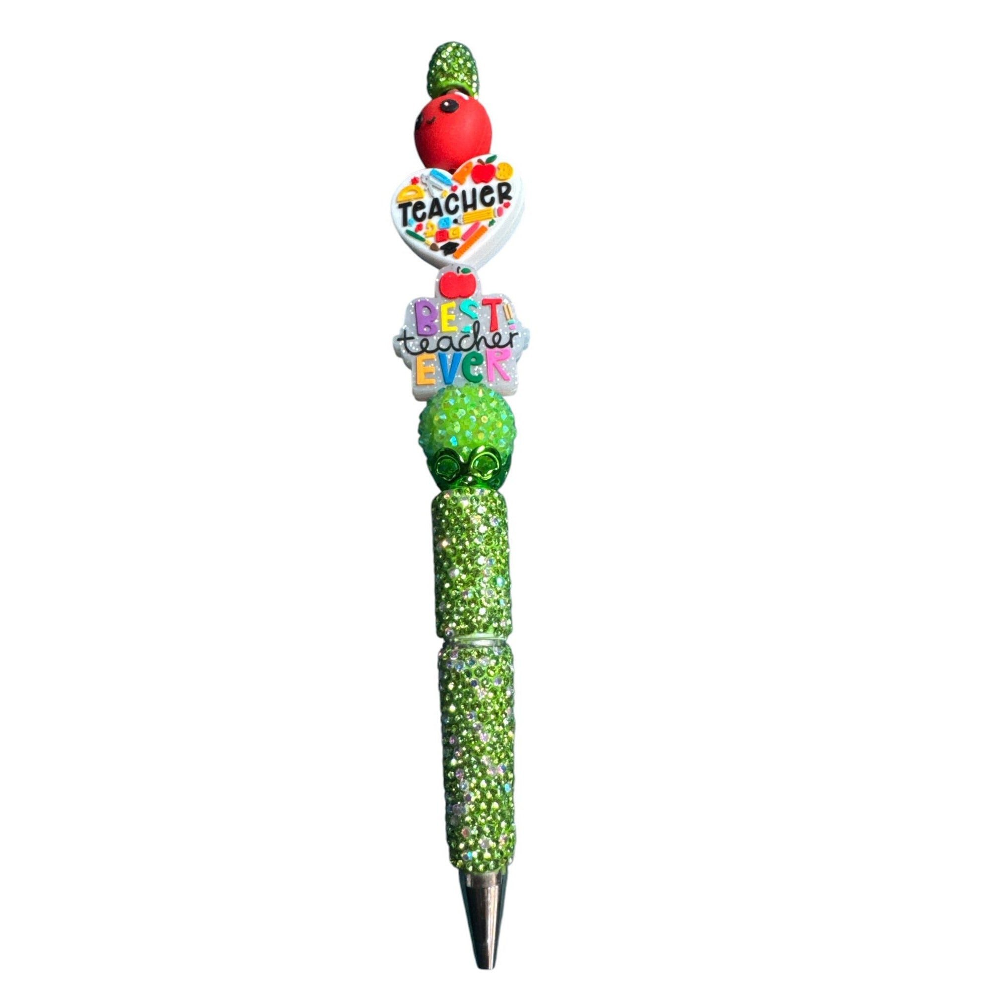 Best Teacher Ever Decorative Green Rhinestone Pen With Apple & Heart Accents
