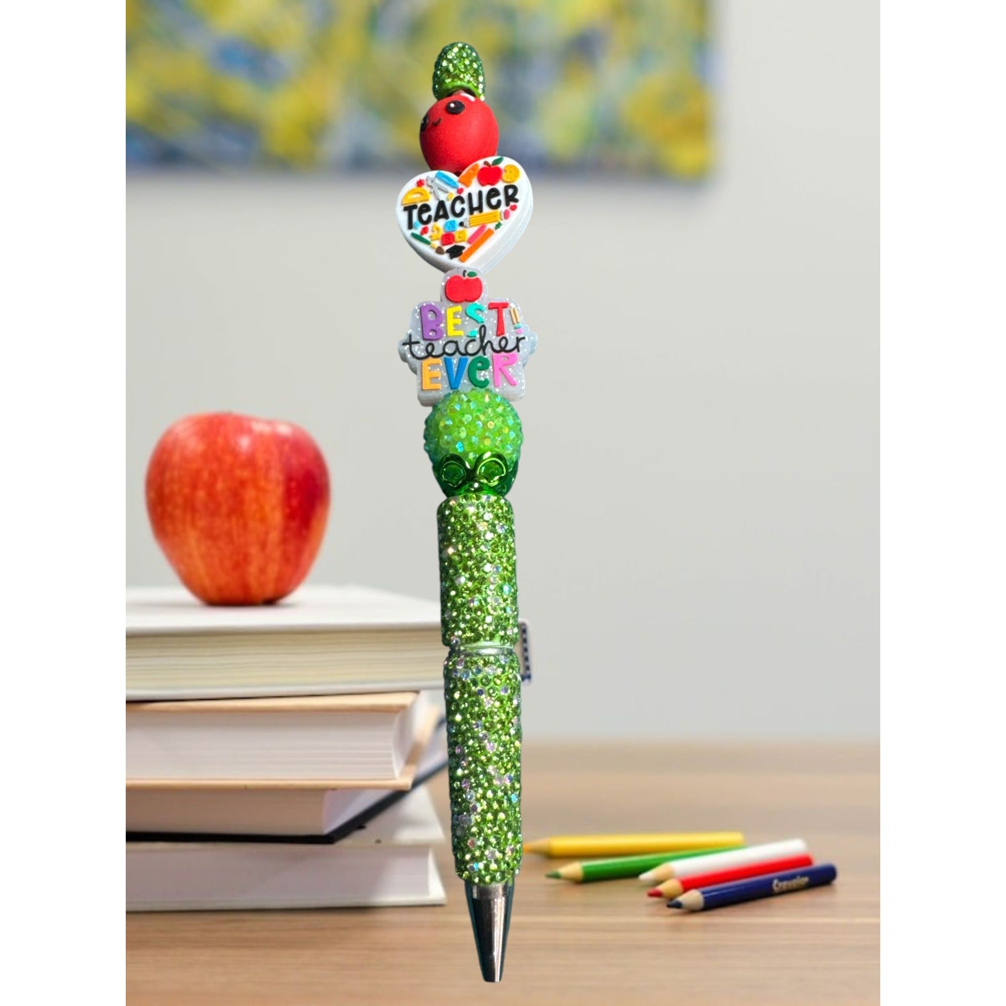 Best Teacher Ever Decorative Green Rhinestone Pen With Apple & Heart Accents