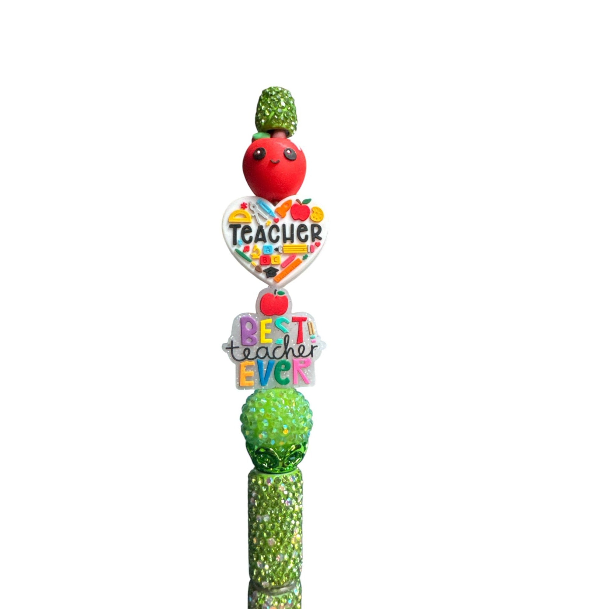 Best Teacher Ever Decorative Green Rhinestone Pen With Apple & Heart Accents