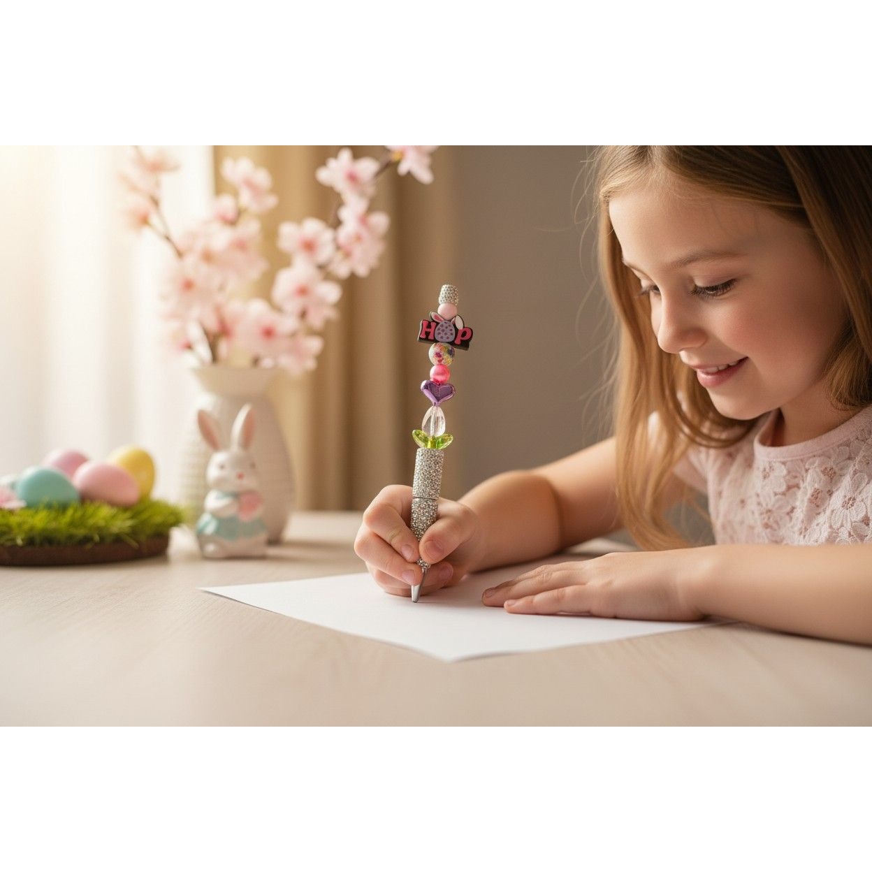 Easter-Themed Glitter Pen With Colorful Beads "Hop" Topper & Rhinestone Handle - Fun Writing Gift Idea