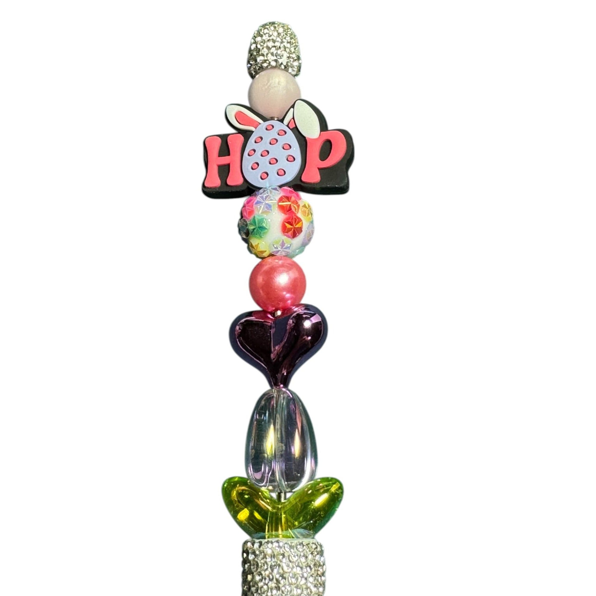 Easter-Themed Glitter Pen With Colorful Beads "Hop" Topper & Rhinestone Handle - Fun Writing Gift Idea