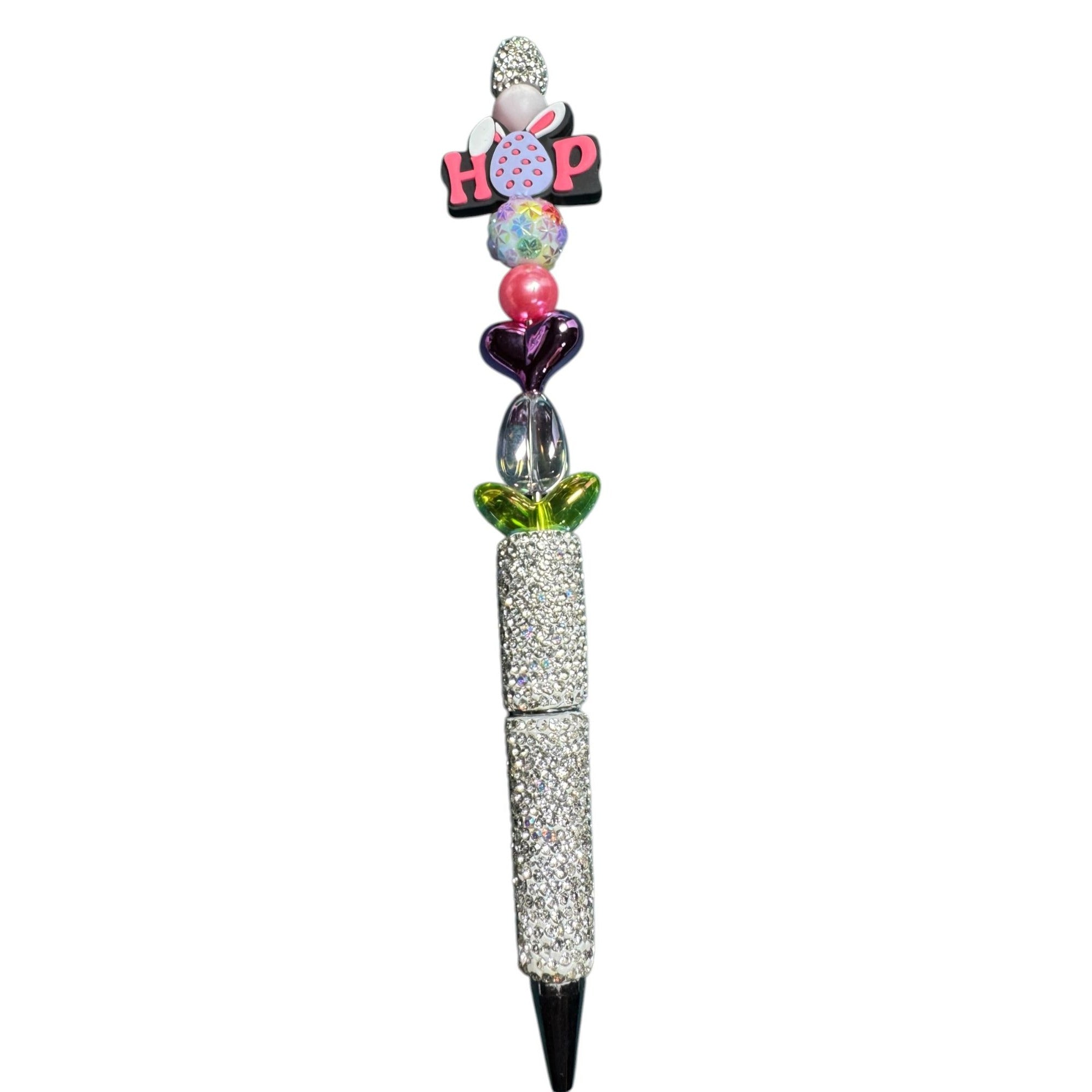 Easter-Themed Glitter Pen With Colorful Beads "Hop" Topper & Rhinestone Handle - Fun Writing Gift Idea