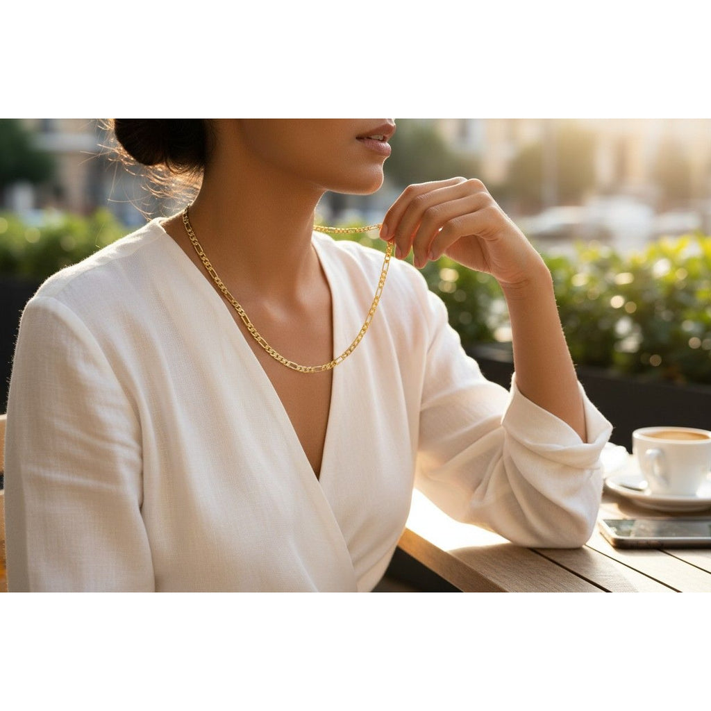 14K Gold-Plated Figaro Chain Necklace With Lobster Clasp Made In Korea