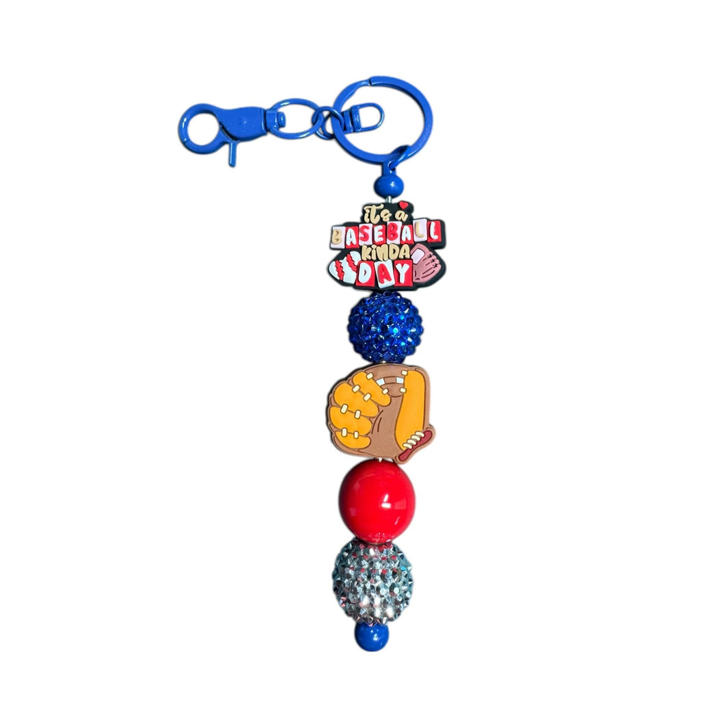 Baseball-Themed Keychain With Glitter Beads & "Its A Baseball Kinda Day" Charm - Blue & Red Colors - Stylish & Durable Design