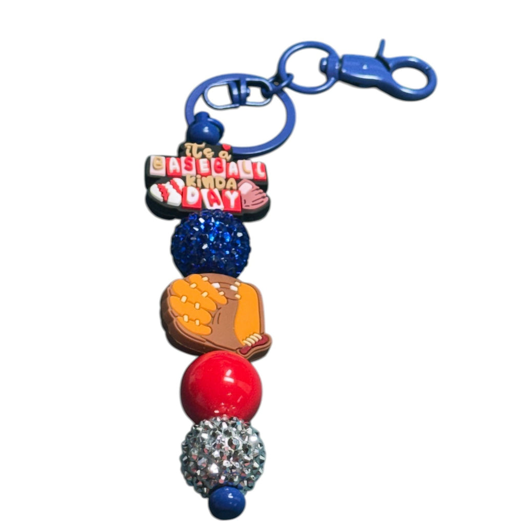 Baseball-Themed Keychain With Glitter Beads & "Its A Baseball Kinda Day" Charm - Blue & Red Colors - Stylish & Durable Design