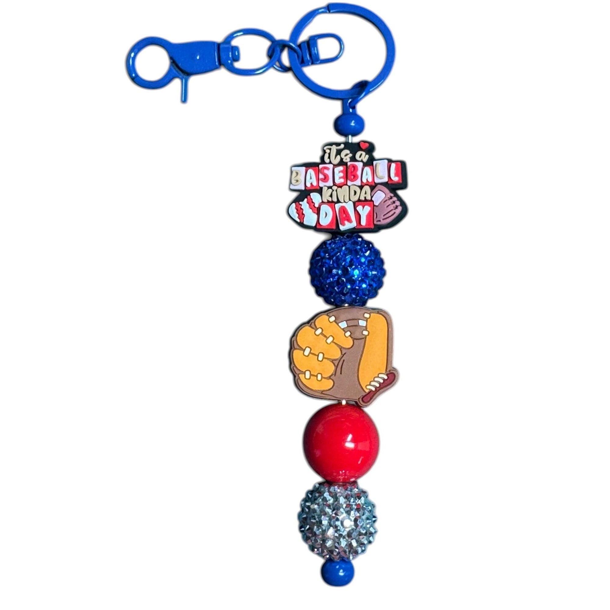 Baseball-Themed Keychain With Glitter Beads & "Its A Baseball Kinda Day" Charm - Blue & Red Colors - Stylish & Durable Design