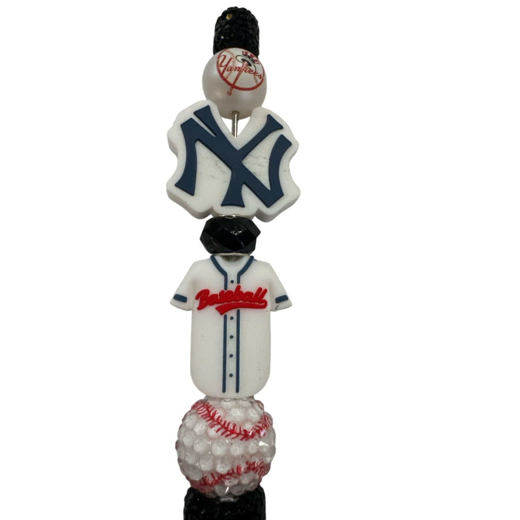 New York Yankees Beaded Baseball-Themed Pen With Black Glitter Handle & Decorative Sports Charms