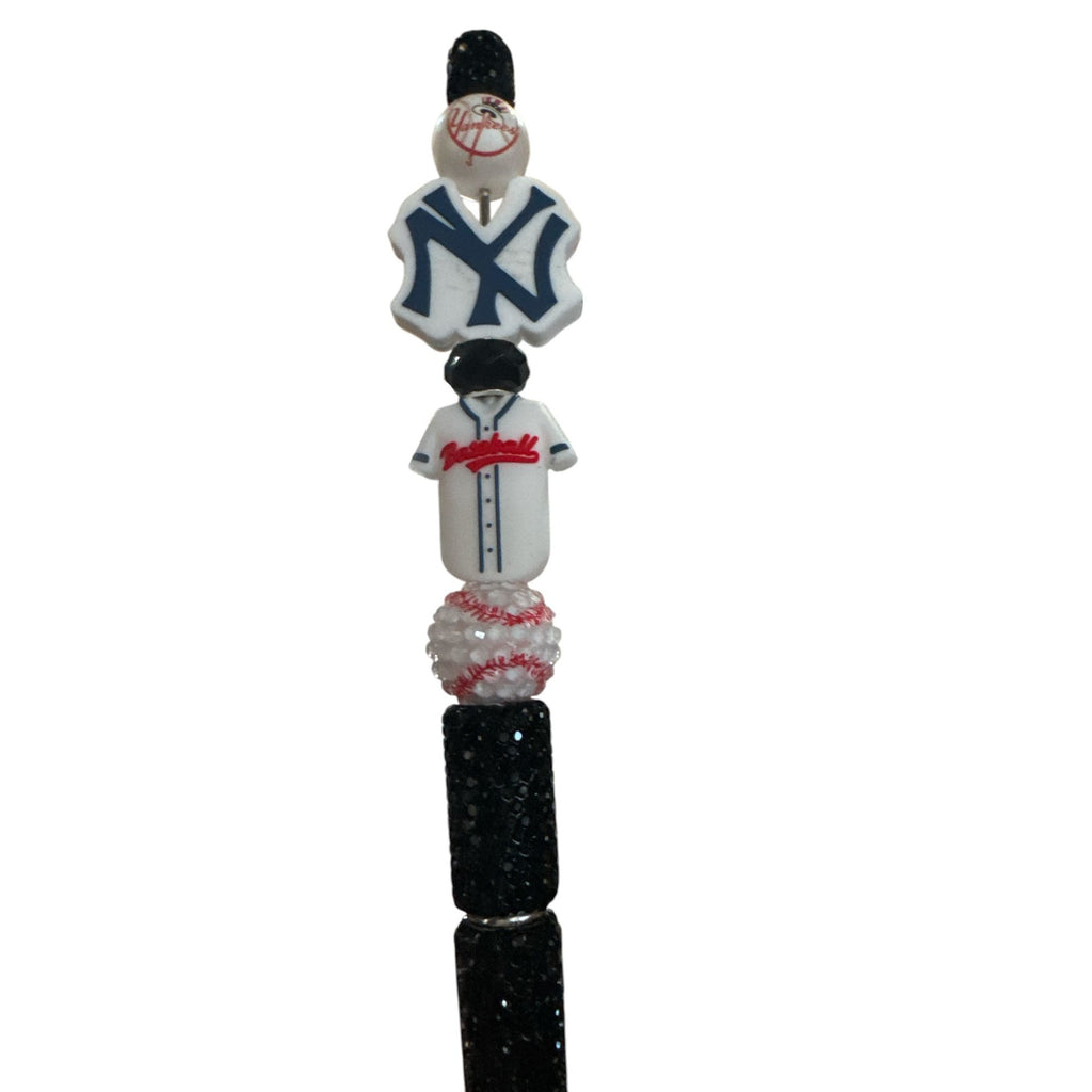 New York Yankees Beaded Baseball-Themed Pen With Black Glitter Handle & Decorative Sports Charms