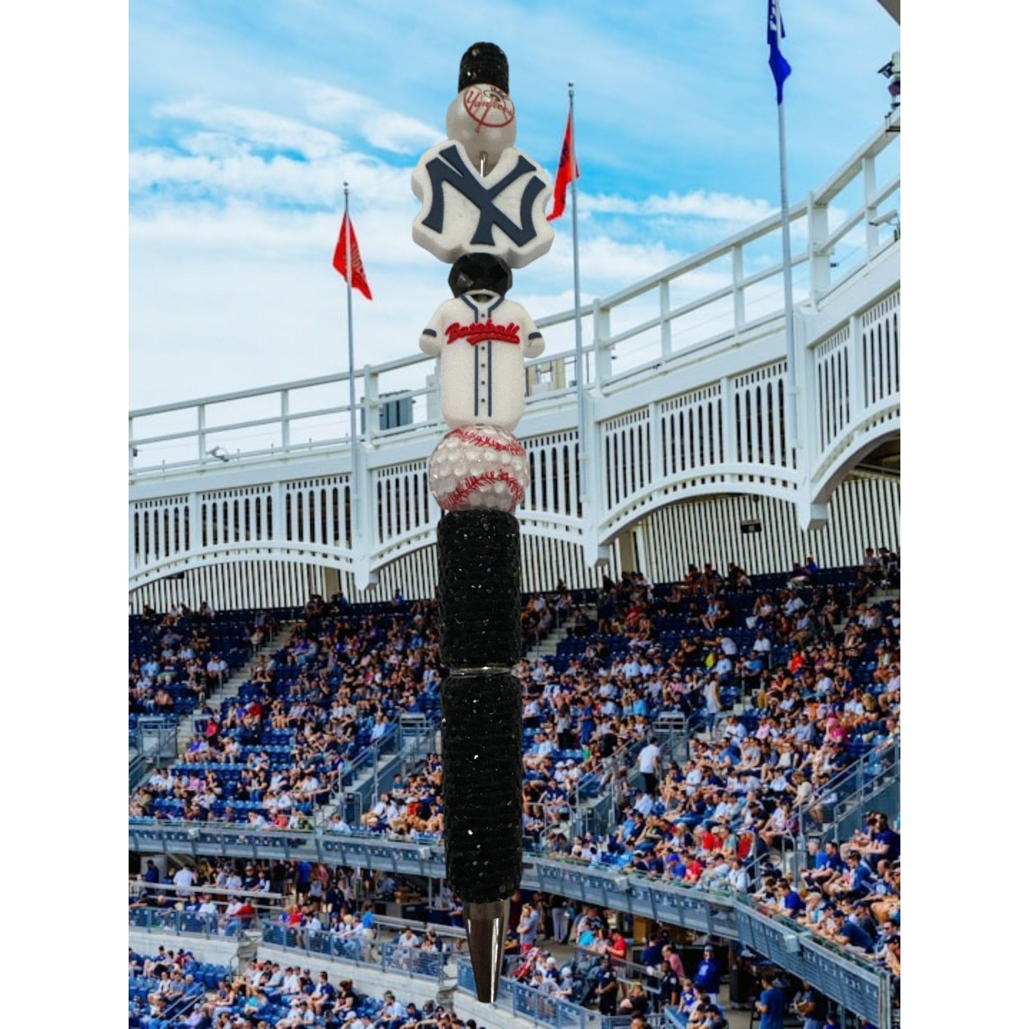 New York Yankees Beaded Baseball-Themed Pen With Black Glitter Handle & Decorative Sports Charms