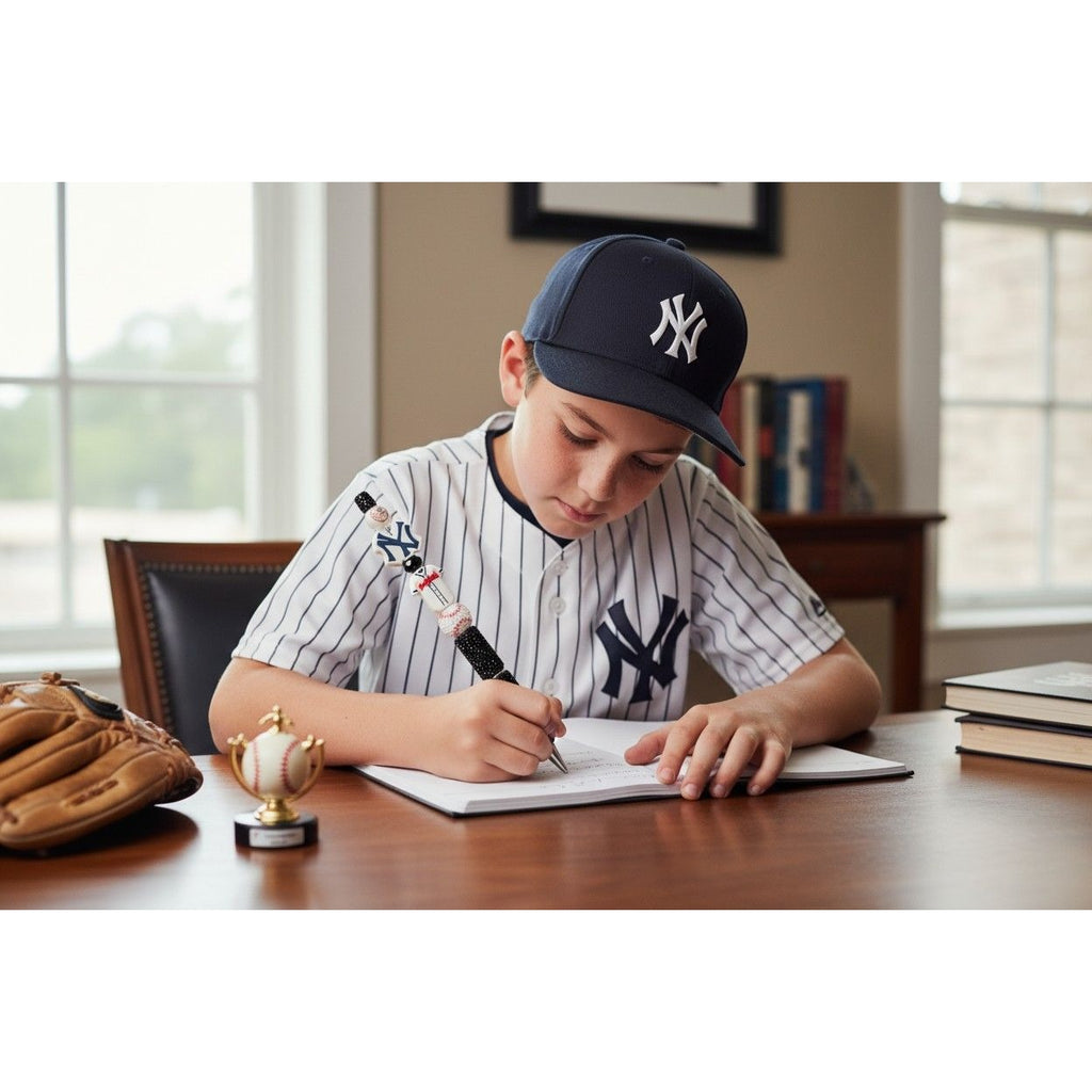 New York Yankees Beaded Baseball-Themed Pen With Black Glitter Handle & Decorative Sports Charms