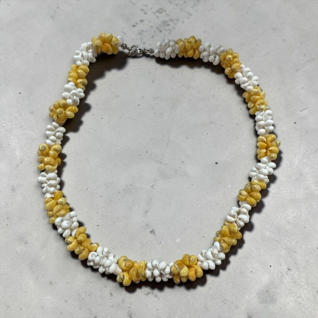 Handmade Yellow White Beaded Cluster Necklace, Textured Shell Style Statement Jewelry, Summer Beach Boho Gift with Lobster Clasp Closure