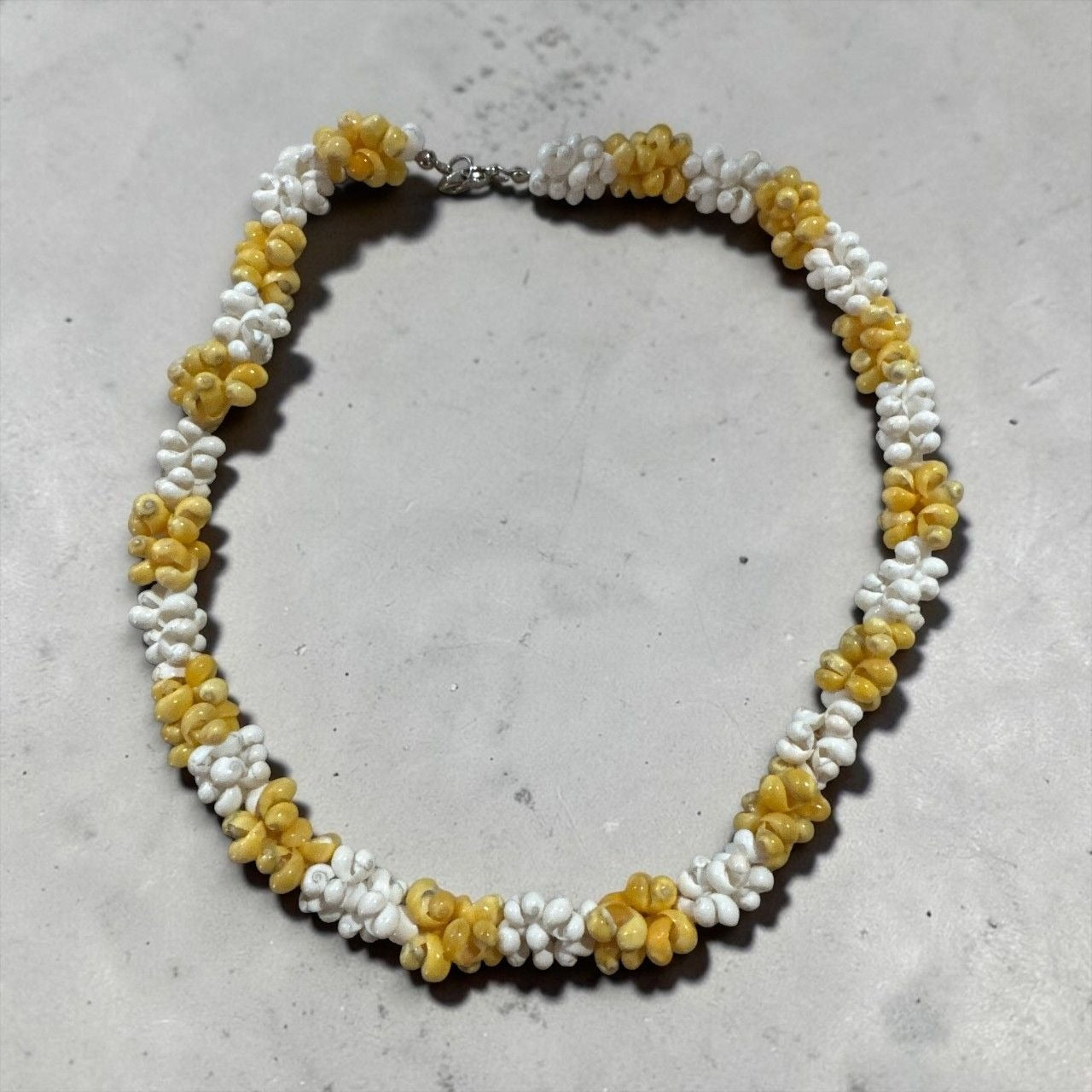 Handmade Yellow White Beaded Cluster Necklace, Textured Shell Style Statement Jewelry, Summer Beach Boho Gift with Lobster Clasp Closure
