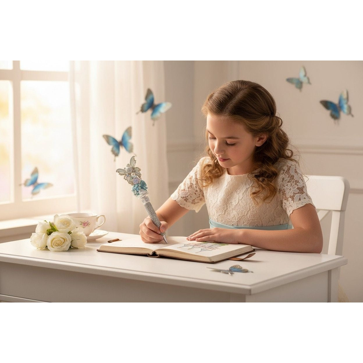 Butterfly-Themed Decorative Pen With Crystals Pearls & Floral Accents - Elegant Writing Accessory For Journaling Or Gift Idea