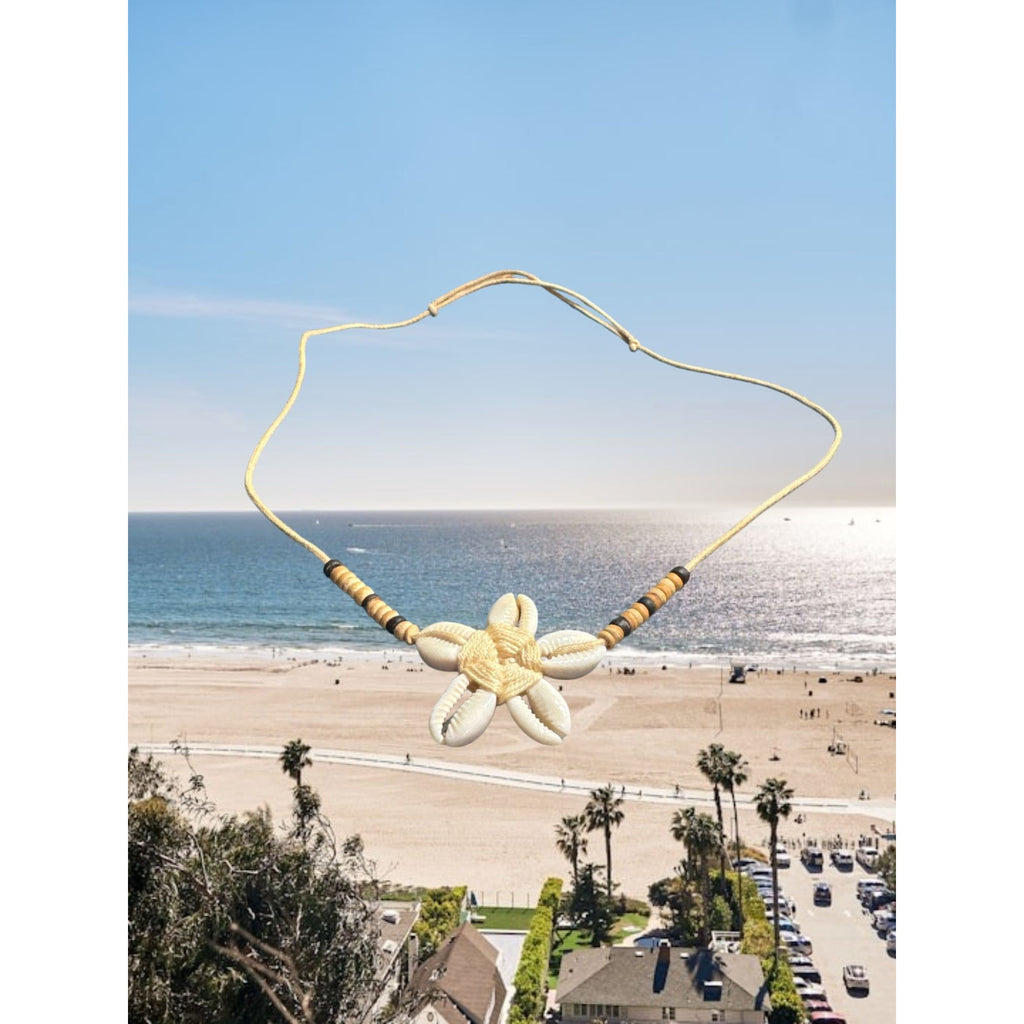 Cowrie Shell Flower Pendant Necklace With Beaded Adjustable Cord For Women