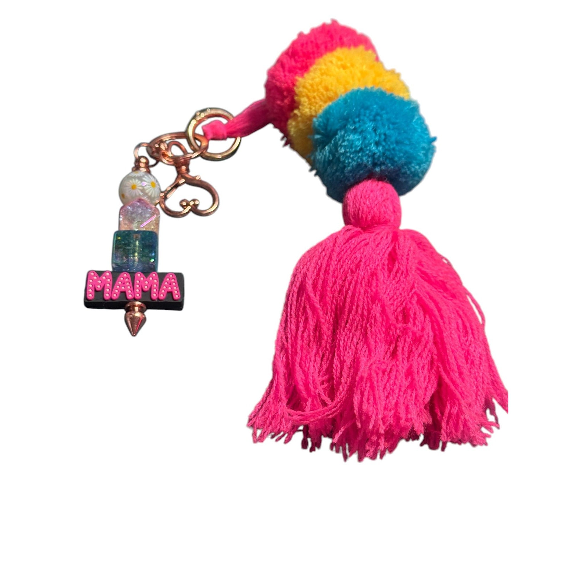 Colorful Pom-Pom & Tassel Keychain With "Mama" Charm Multicolor Beads And Rose Gold Clip