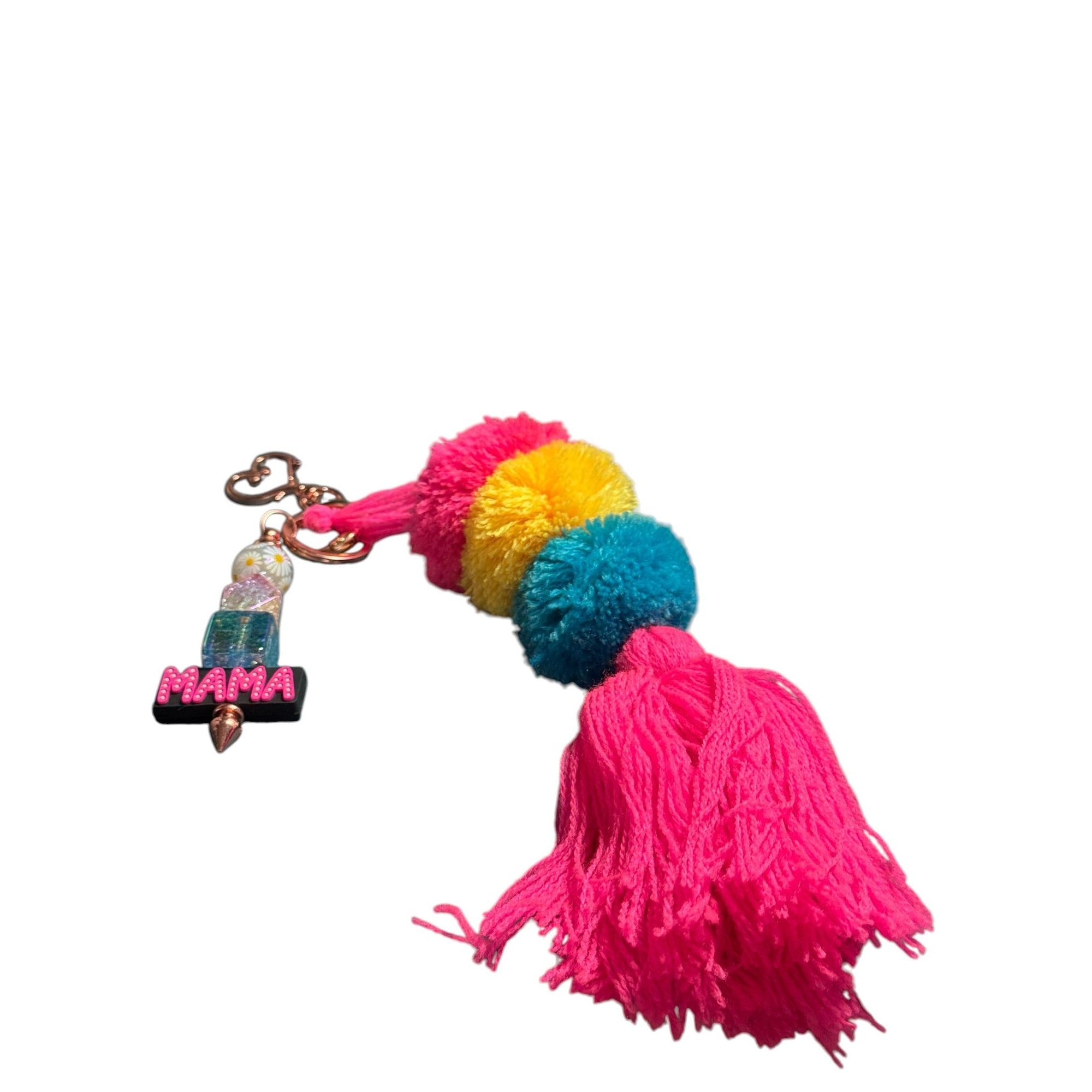 Colorful Pom-Pom & Tassel Keychain With "Mama" Charm Multicolor Beads And Rose Gold Clip