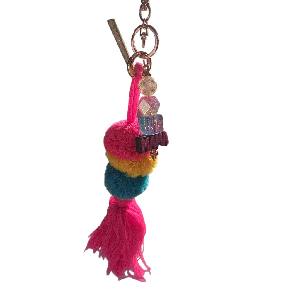 Colorful Pom-Pom & Tassel Keychain With "Mama" Charm Multicolor Beads And Rose Gold Clip