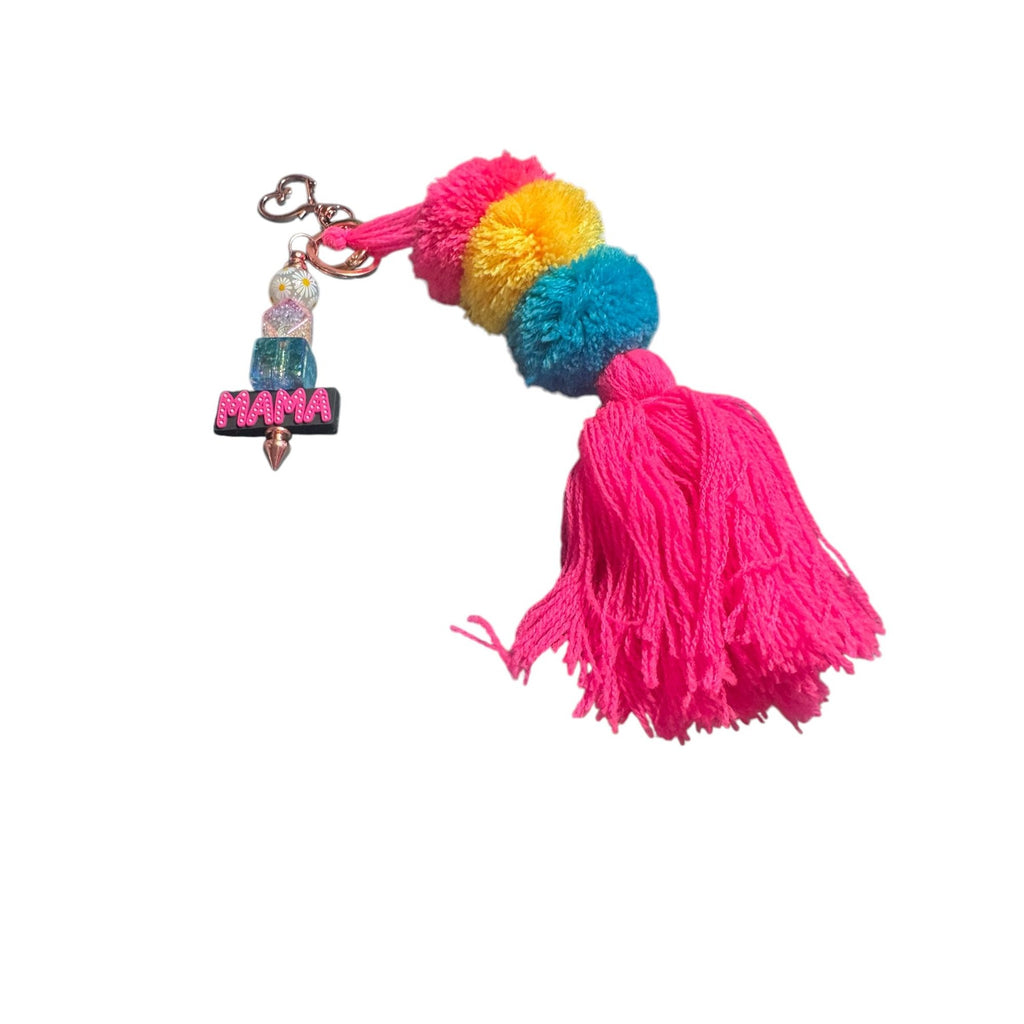 Colorful Pom-Pom & Tassel Keychain With "Mama" Charm Multicolor Beads And Rose Gold Clip