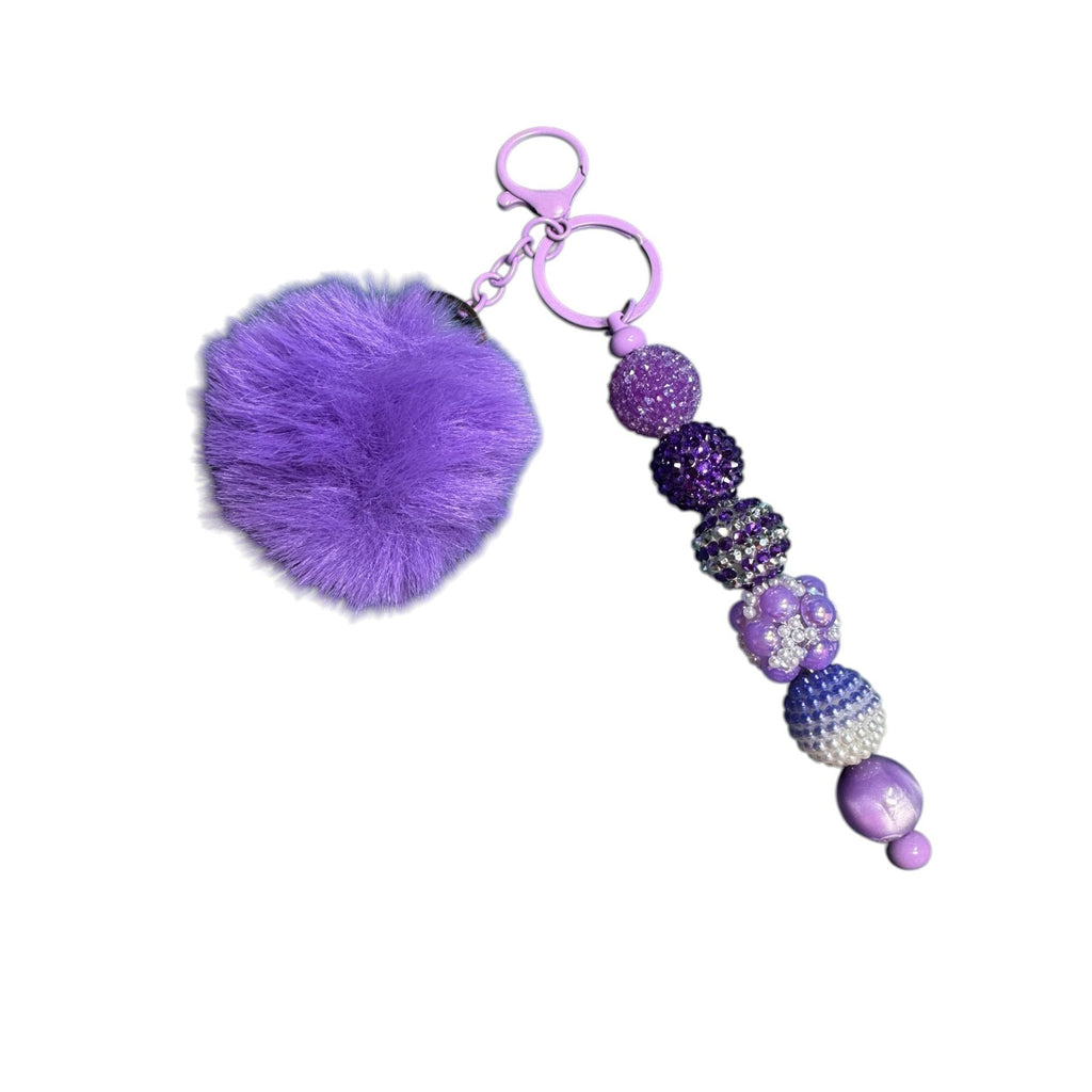 Purple Pom Pom Keychain With Glitter Beads & Faux Fur Charm Stylish Bag Accessory