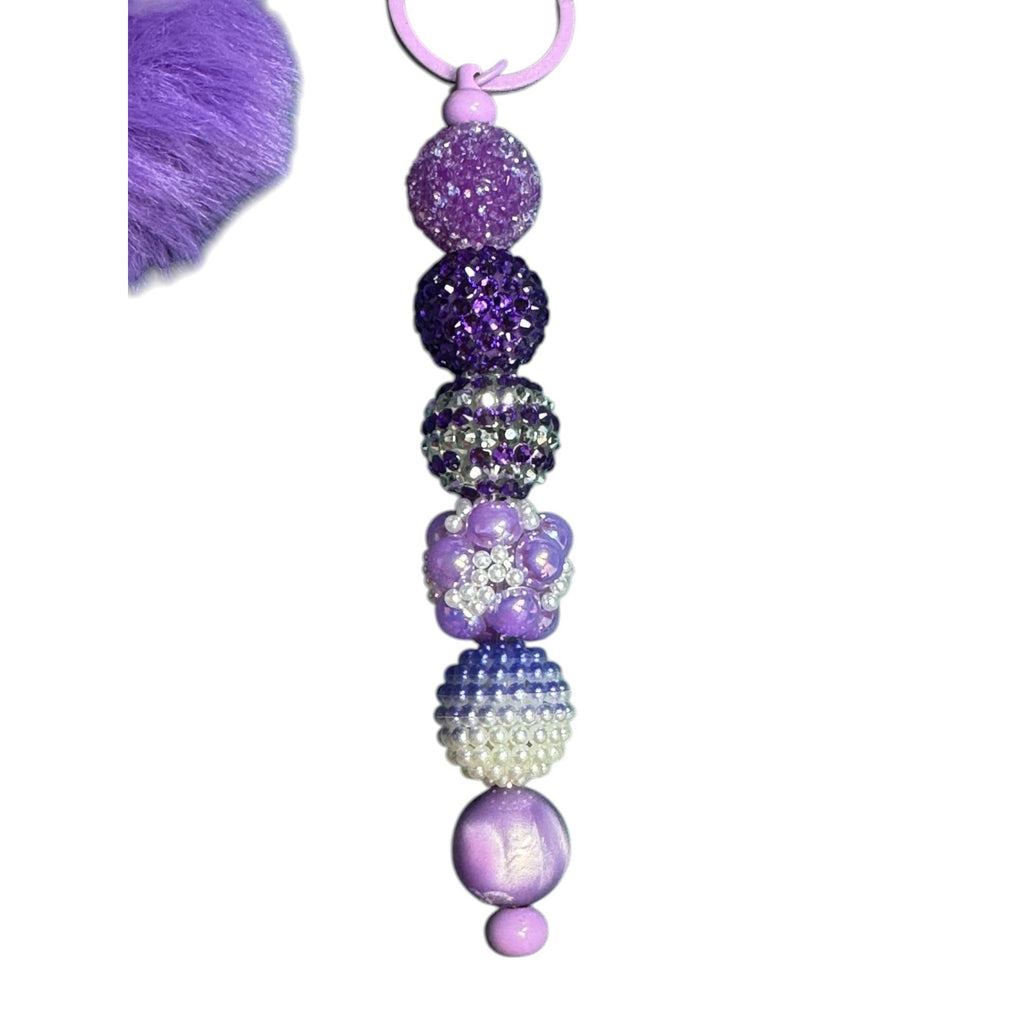 Purple Pom Pom Keychain With Glitter Beads & Faux Fur Charm Stylish Bag Accessory