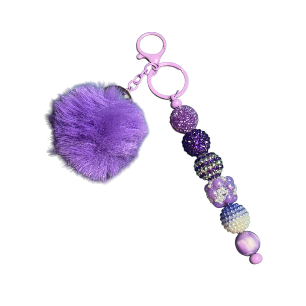 Purple Pom Pom Keychain With Glitter Beads & Faux Fur Charm Stylish Bag Accessory