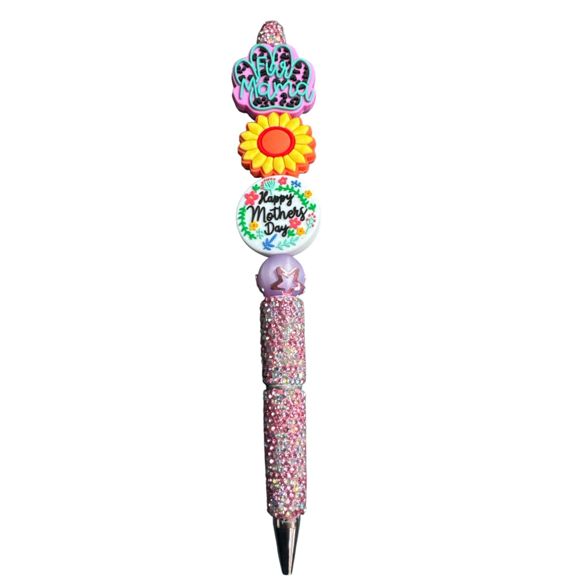 Fur Mama Mothers Day Glitter Ballpoint Pen With Sunflower & Decorative Charms - Pink