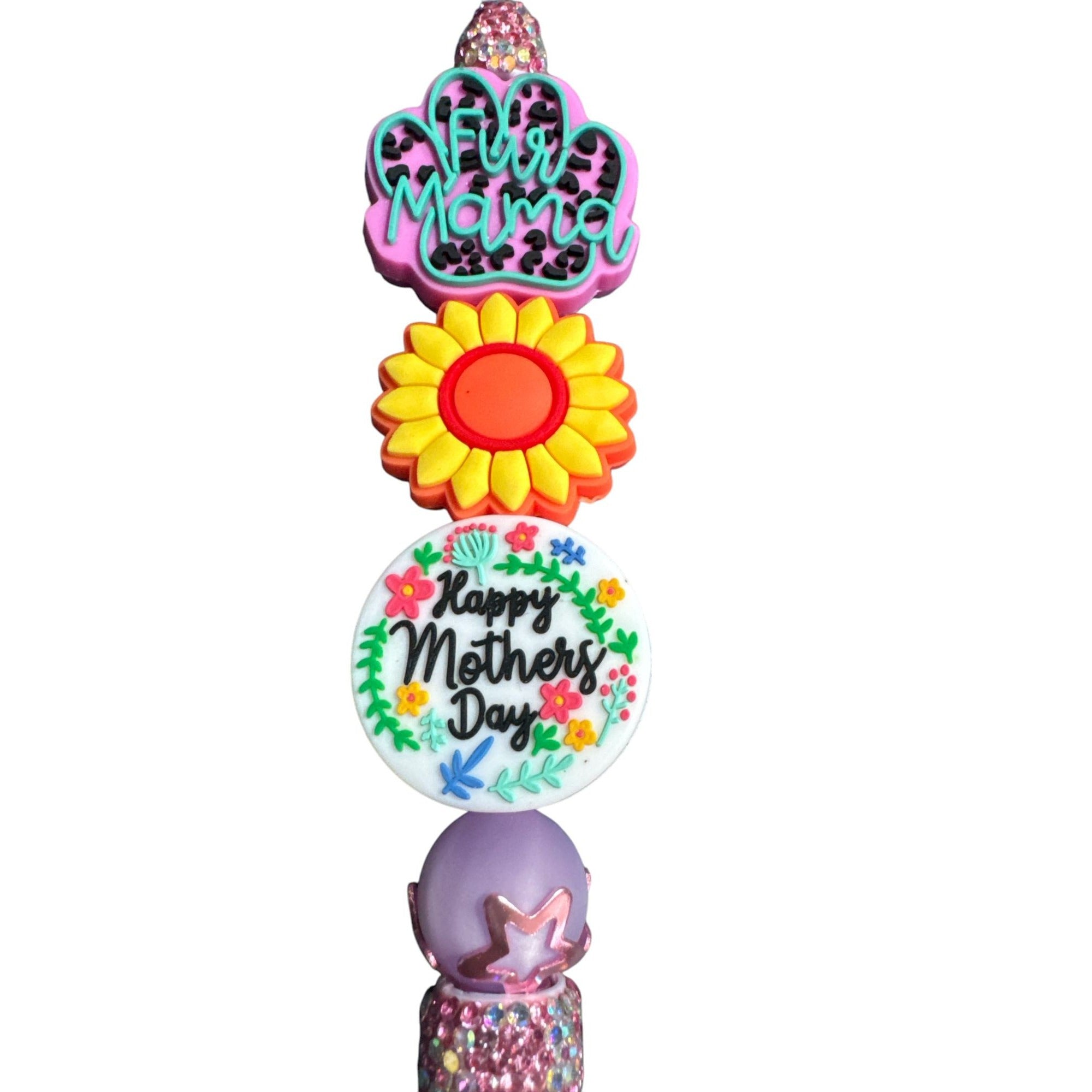 Fur Mama Mothers Day Glitter Ballpoint Pen With Sunflower & Decorative Charms - Pink