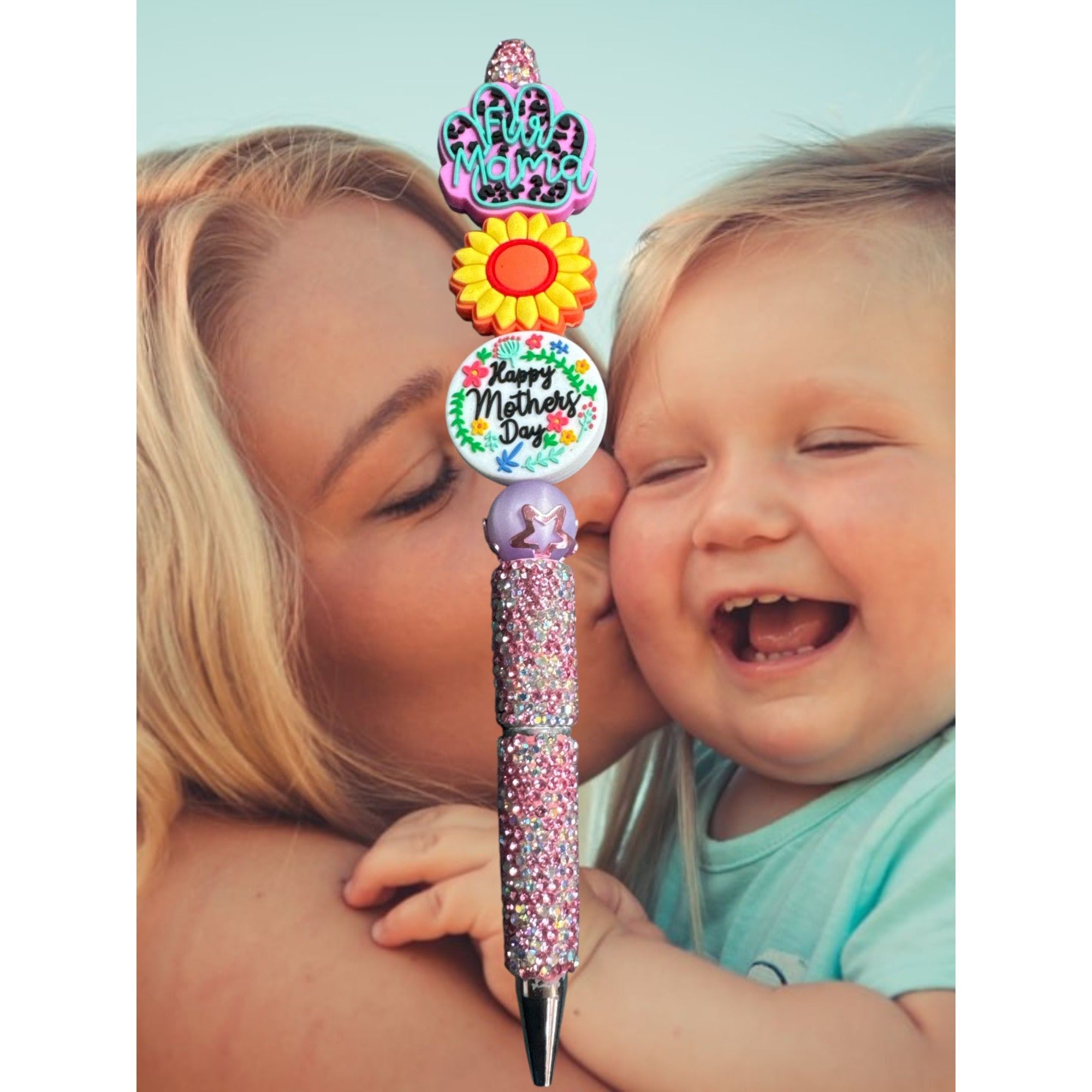 Fur Mama Mothers Day Glitter Ballpoint Pen With Sunflower & Decorative Charms - Pink