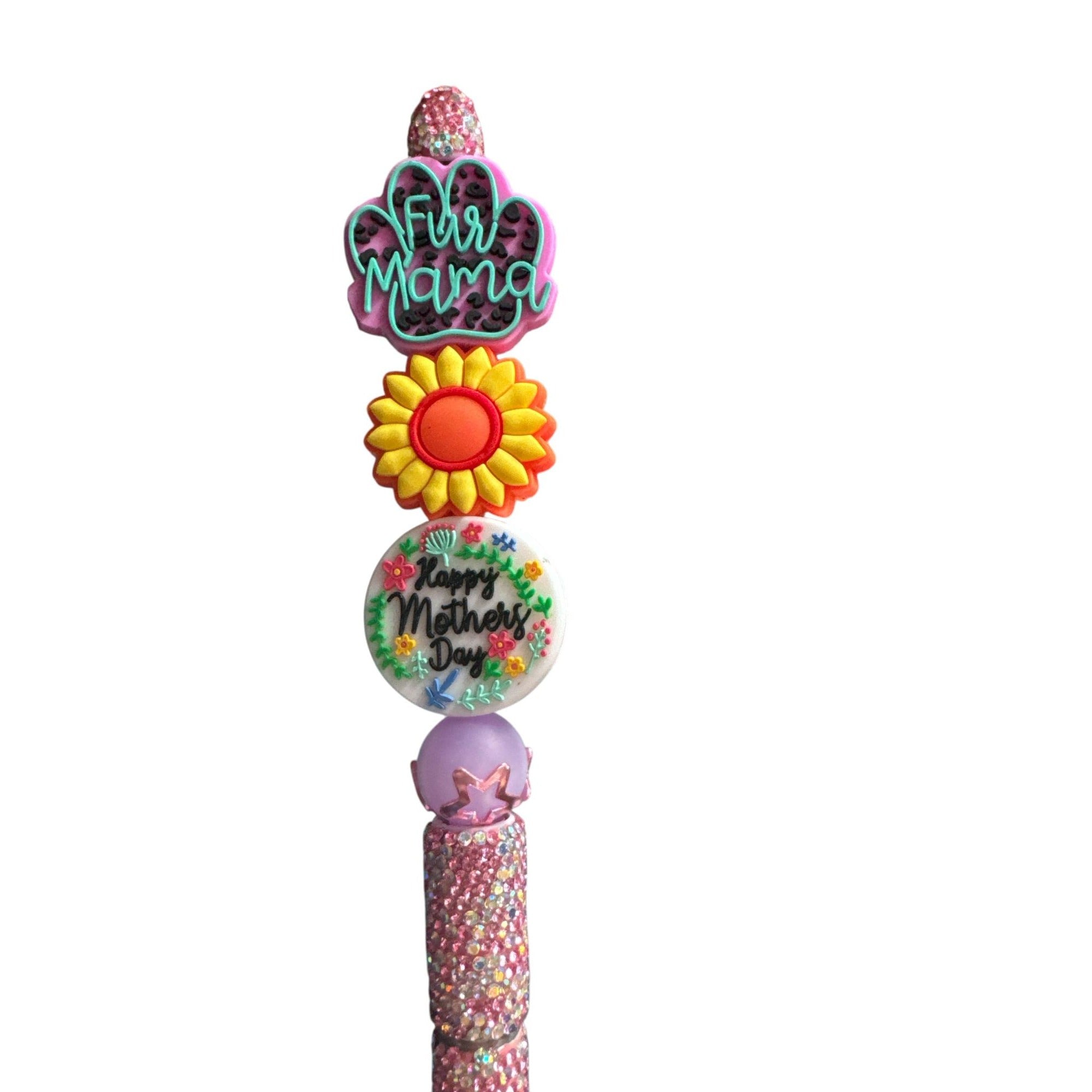 Fur Mama Mothers Day Glitter Ballpoint Pen With Sunflower & Decorative Charms - Pink