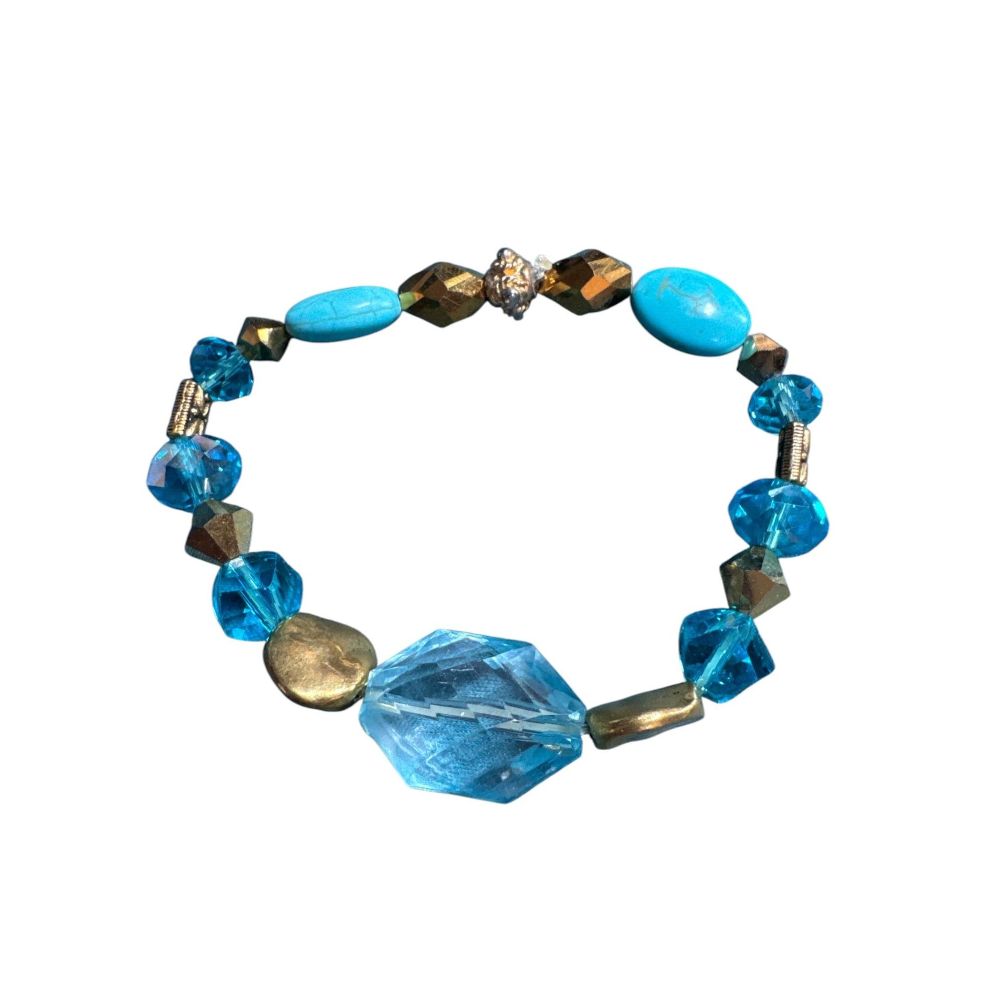 Blue & Gold Beaded Stretch Bracelet With Faceted Crystal Accents