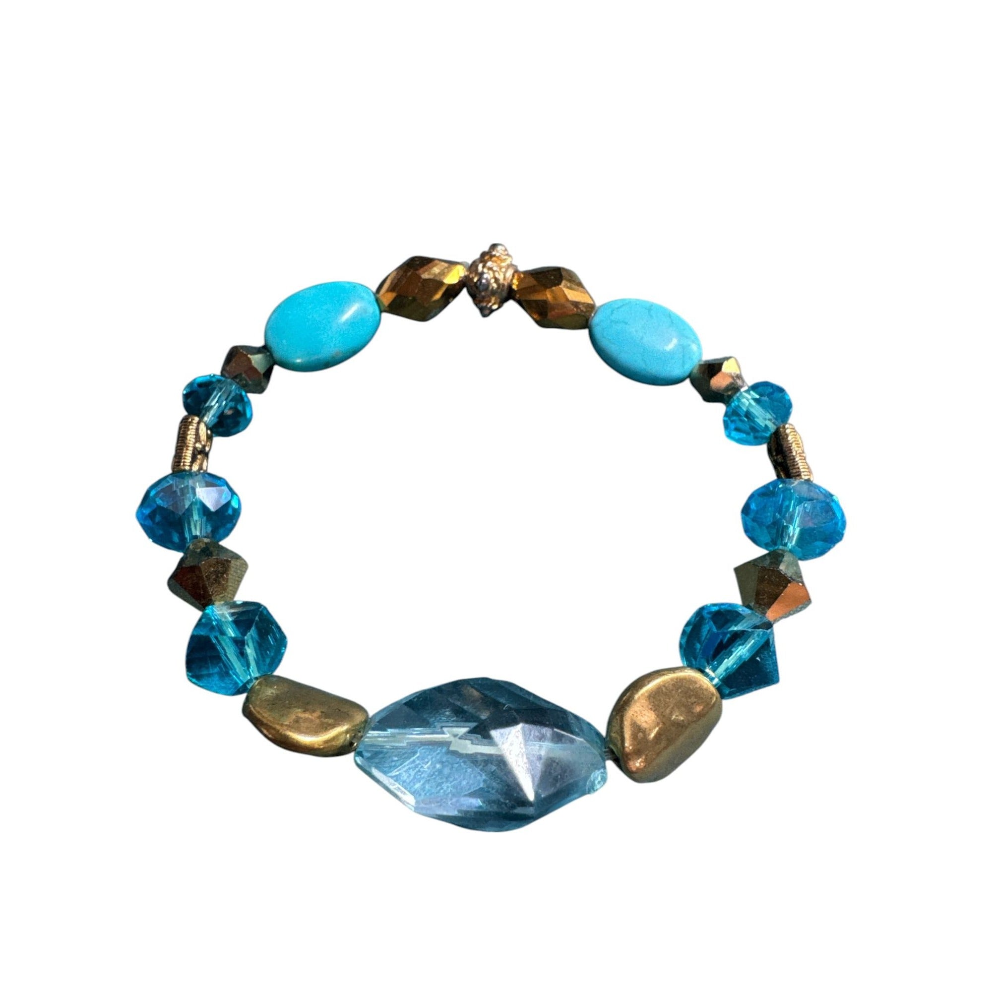 Blue & Gold Beaded Stretch Bracelet With Faceted Crystal Accents