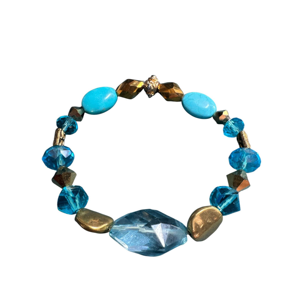 Blue & Gold Beaded Stretch Bracelet With Faceted Crystal Accents