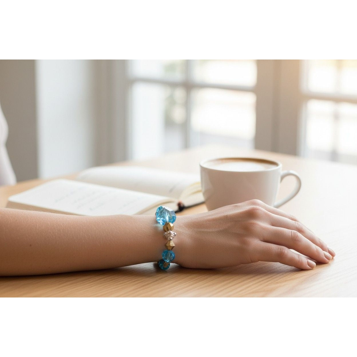 Blue & Gold Beaded Stretch Bracelet With Faceted Crystal Accents