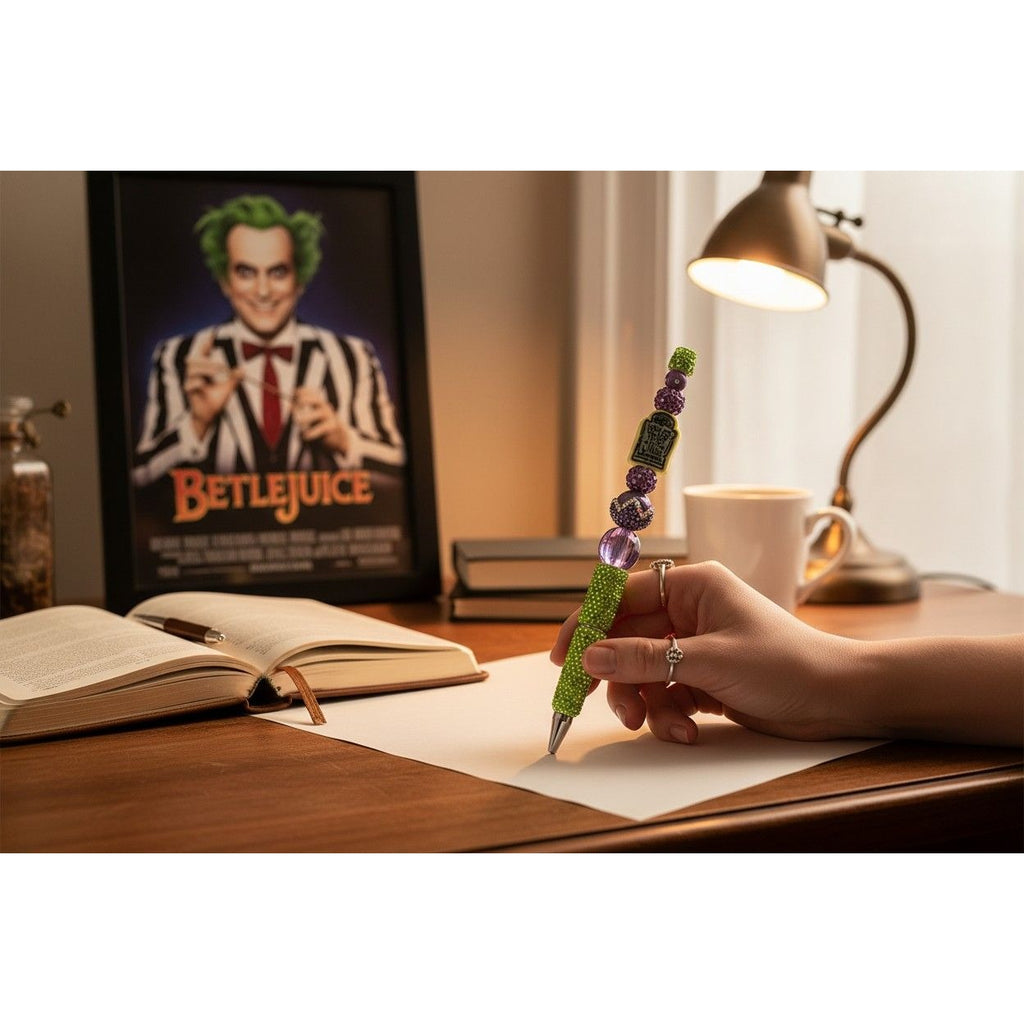 Beetlejuice-Inspired Rhinestone Pen With "Never Trust The Living" Charm Purple & Green Beaded Design