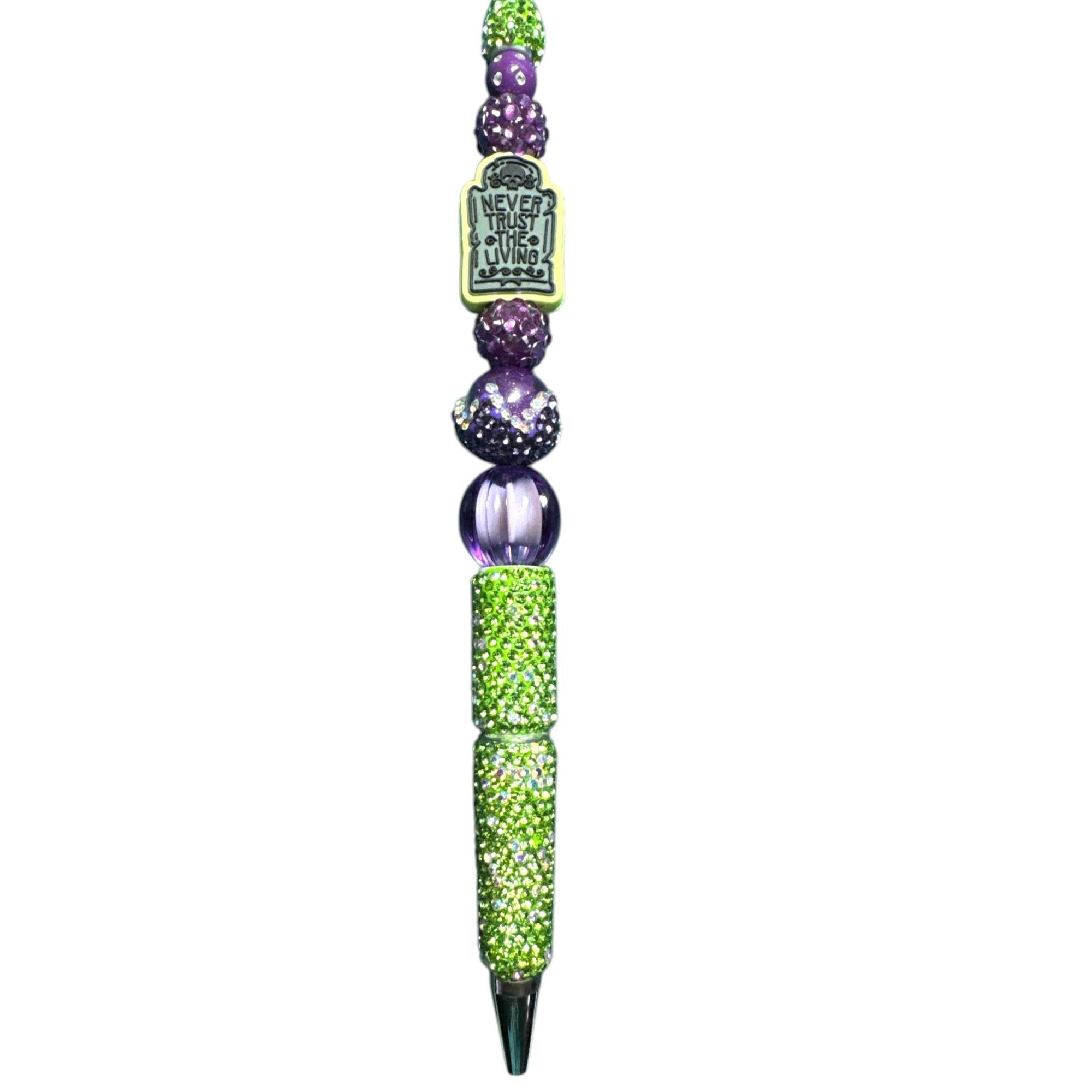 Beetlejuice-Inspired Rhinestone Pen With "Never Trust The Living" Charm Purple & Green Beaded Design
