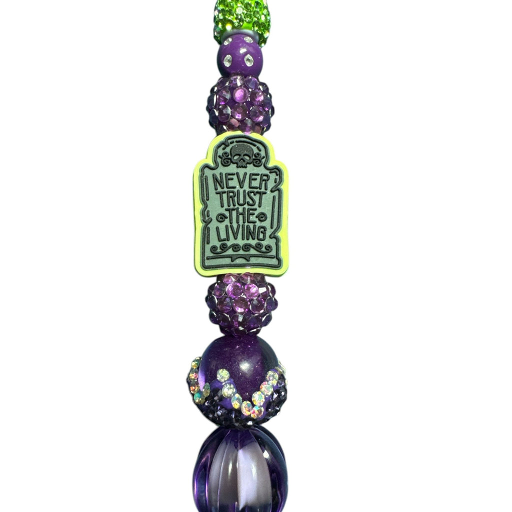 Beetlejuice-Inspired Rhinestone Pen With "Never Trust The Living" Charm Purple & Green Beaded Design