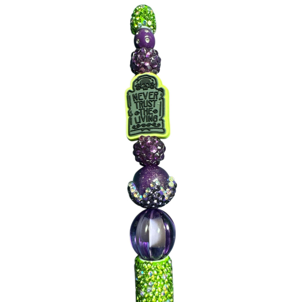 Beetlejuice-Inspired Rhinestone Pen With "Never Trust The Living" Charm Purple & Green Beaded Design