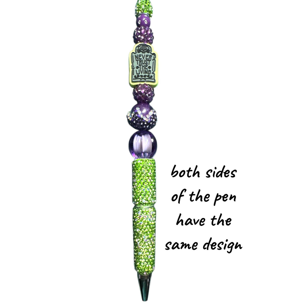 Beetlejuice-Inspired Rhinestone Pen With "Never Trust The Living" Charm Purple & Green Beaded Design