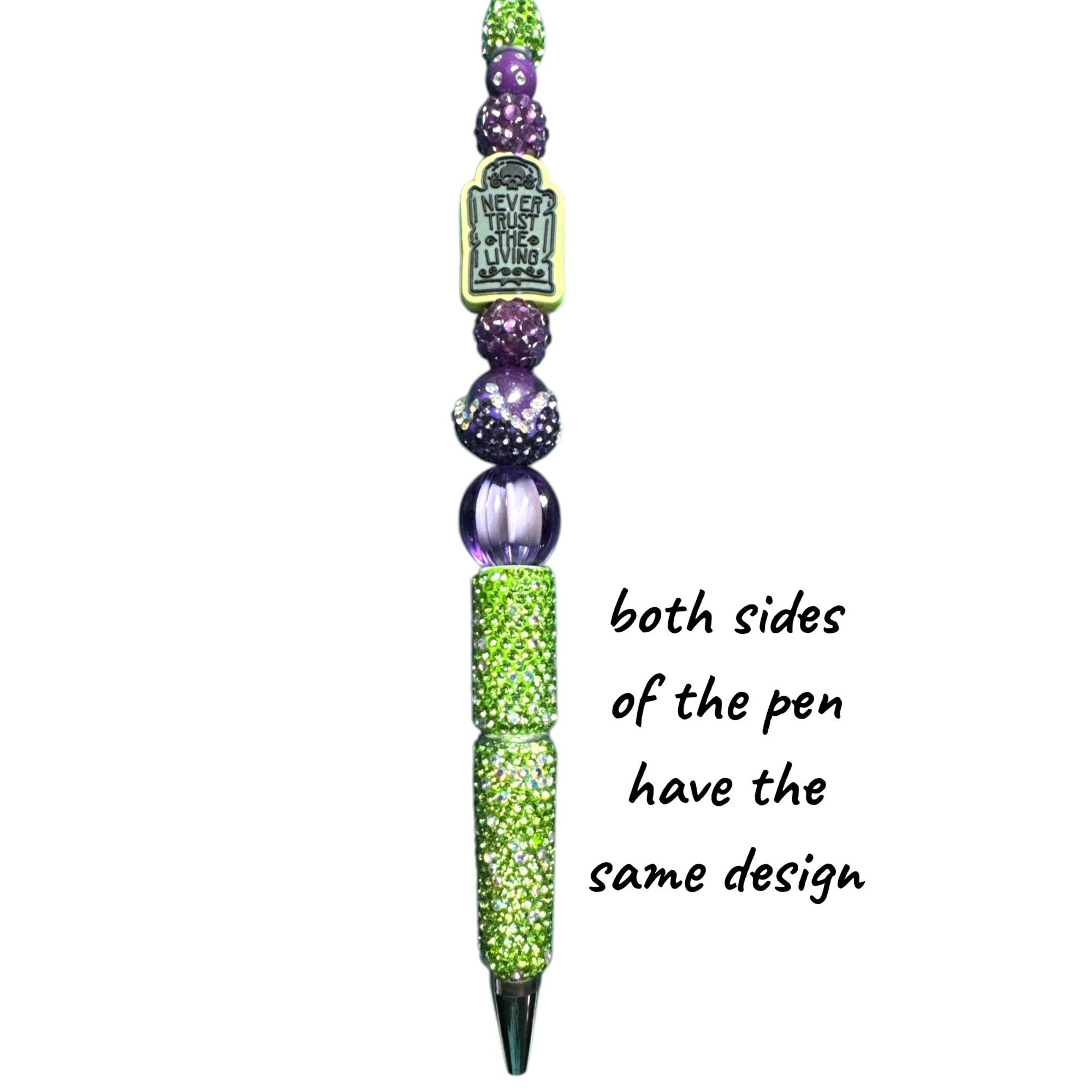 Beetlejuice-Inspired Rhinestone Pen With "Never Trust The Living" Charm Purple & Green Beaded Design