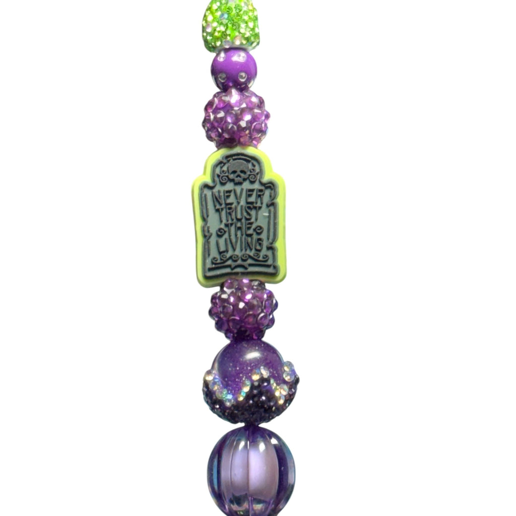 Beetlejuice-Inspired Rhinestone Pen With "Never Trust The Living" Charm Purple & Green Beaded Design