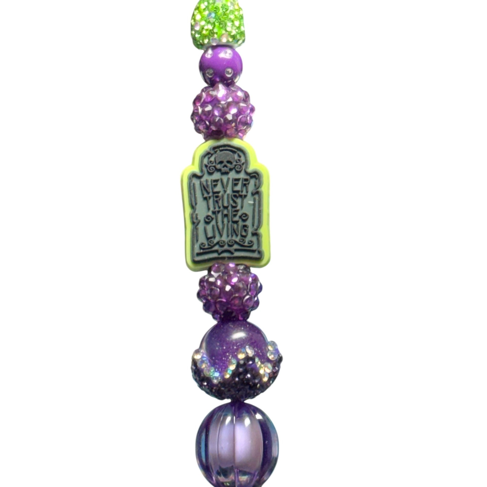 Beetlejuice-Inspired Rhinestone Pen With "Never Trust The Living" Charm Purple & Green Beaded Design
