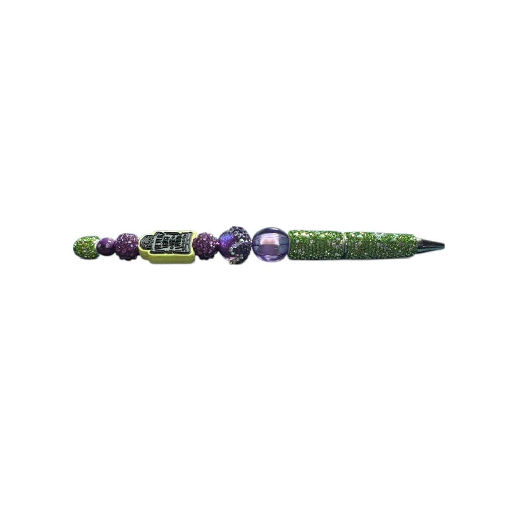 Beetlejuice-Inspired Rhinestone Pen With "Never Trust The Living" Charm Purple & Green Beaded Design