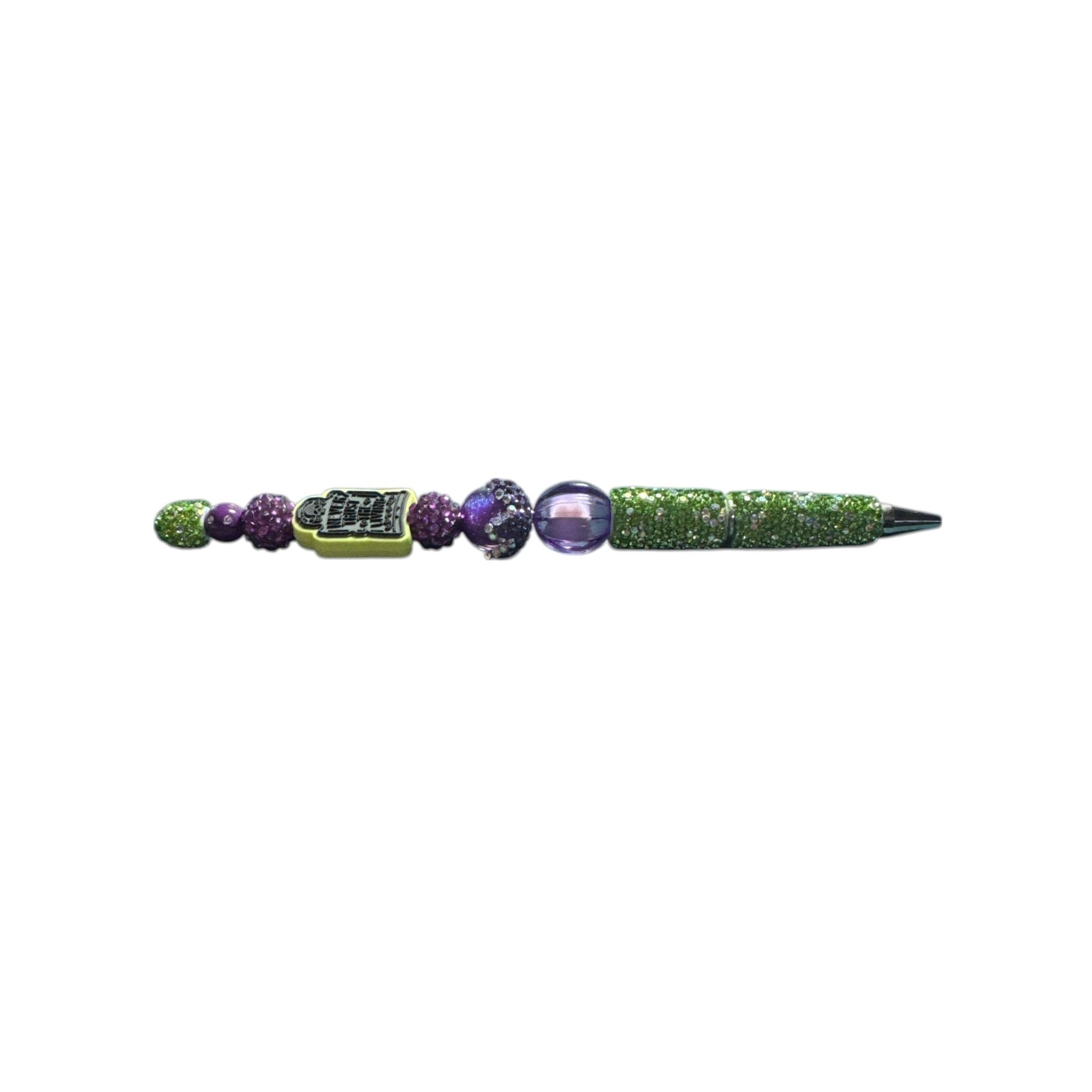 Beetlejuice-Inspired Rhinestone Pen With "Never Trust The Living" Charm Purple & Green Beaded Design