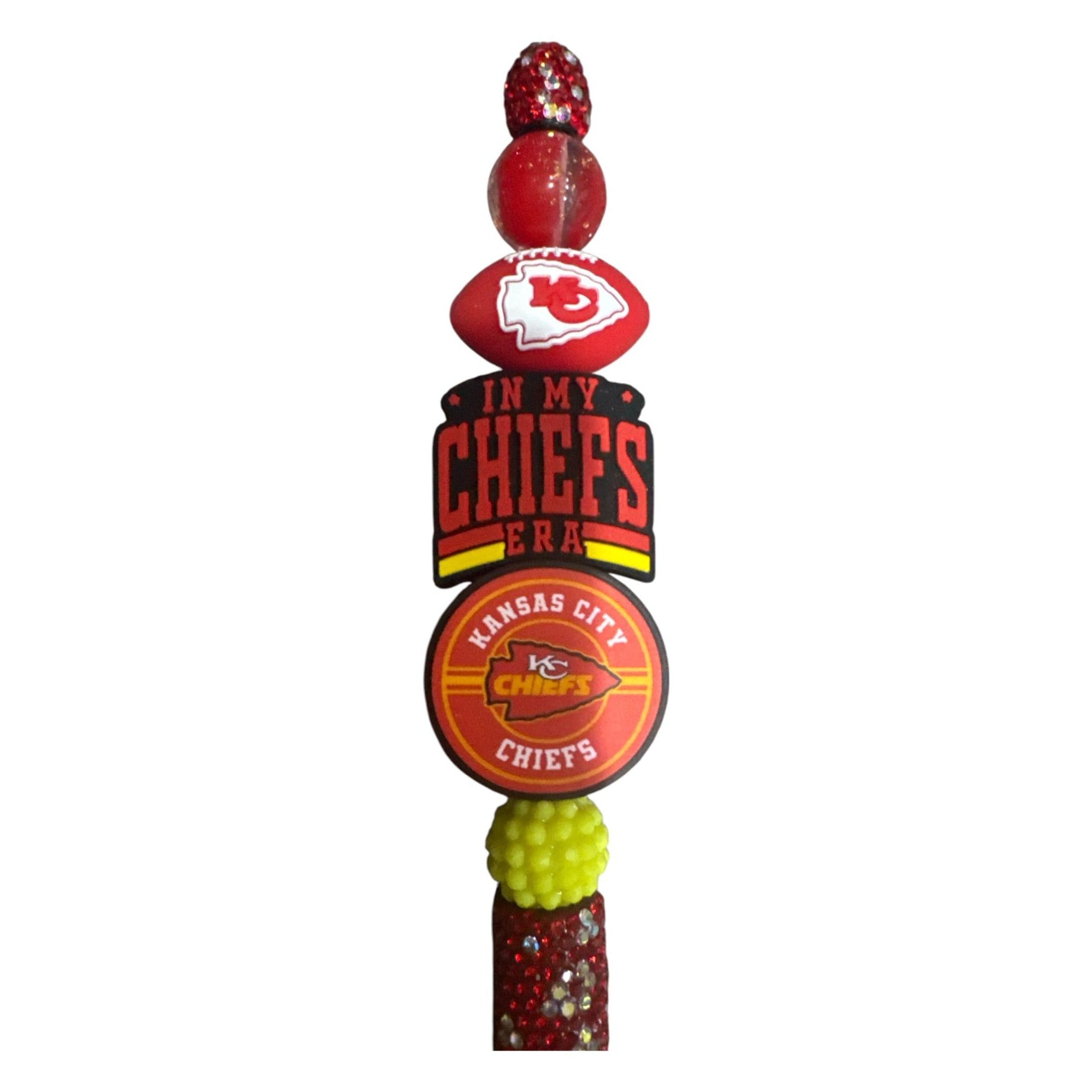 Kansas City Chiefs-Themed Glitter Ballpoint Pen With Decorative Beads "In My Chiefs Era" Design Red/Yellow Accents