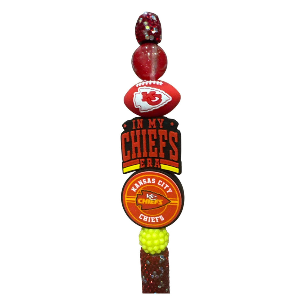 Kansas City Chiefs-Themed Glitter Ballpoint Pen With Decorative Beads "In My Chiefs Era" Design Red/Yellow Accents