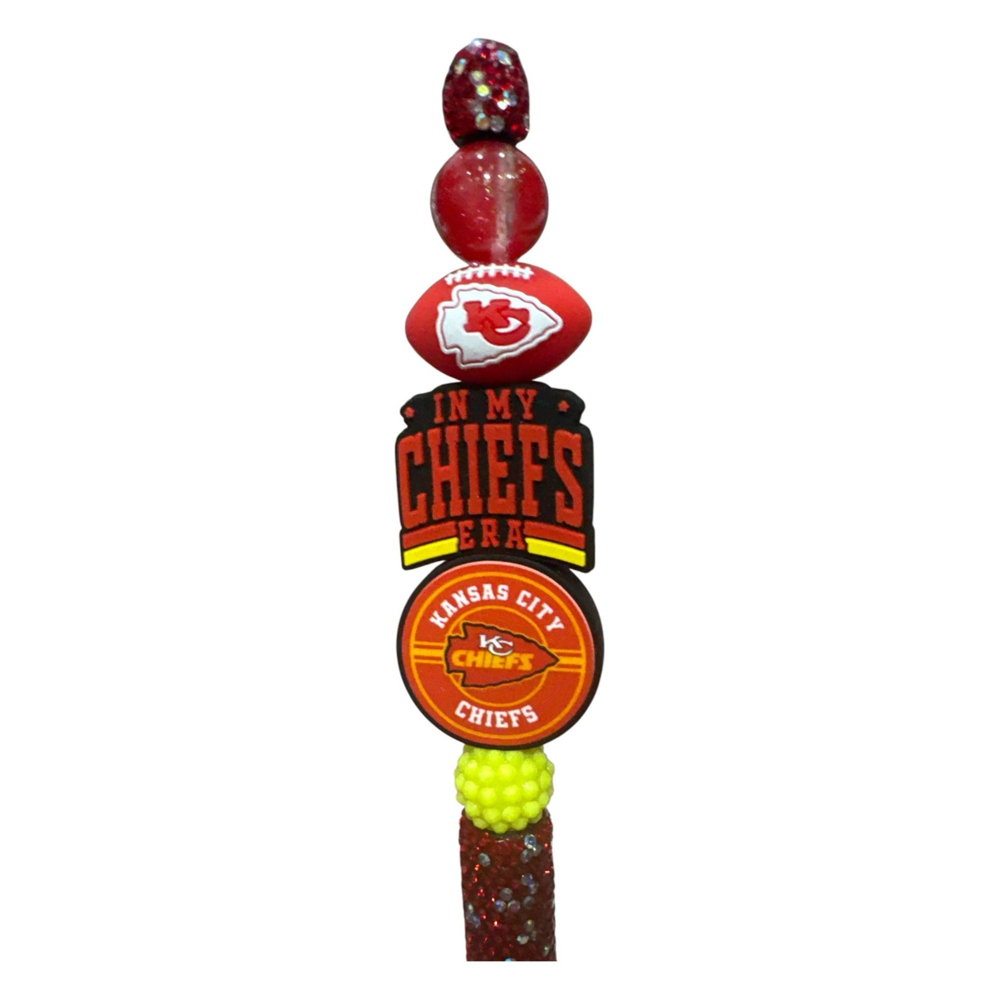 Kansas City Chiefs-Themed Glitter Ballpoint Pen With Decorative Beads "In My Chiefs Era" Design Red/Yellow Accents
