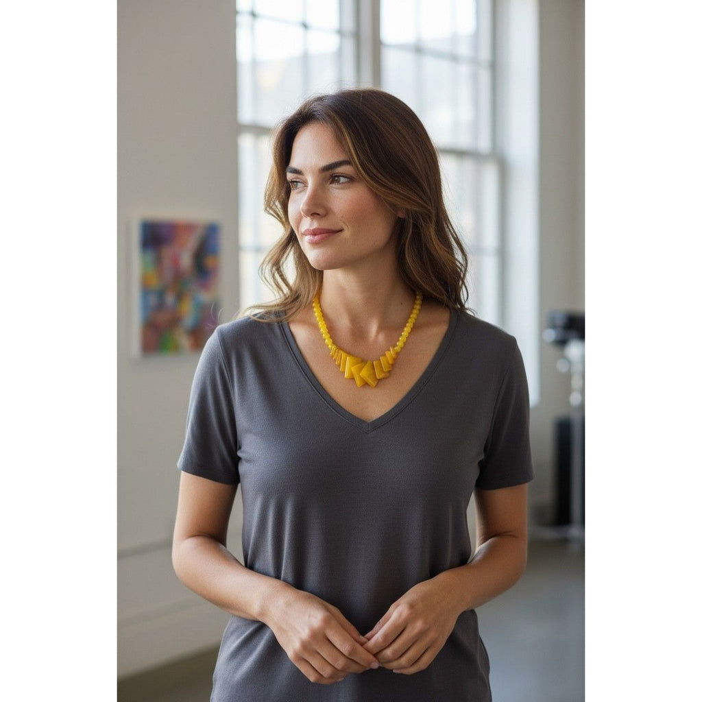 Yellow Orange Beaded Statement Necklace Geometric Fan Beads Bold Chunky Costume Jewelry