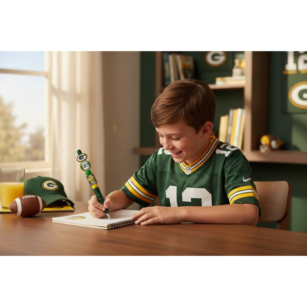 Green Bay Packers Beaded Pen With Glitter Handle & Official Logos For Writing & Collecting